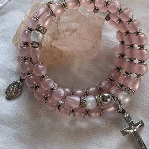 Sterling Silver Moonglow CZ Bead Bracelet - crucifix and medal dangle